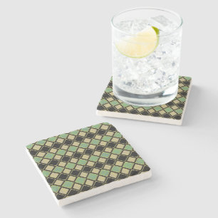 Harlequin Pattern in Gold, Green, and Black Stone Coaster