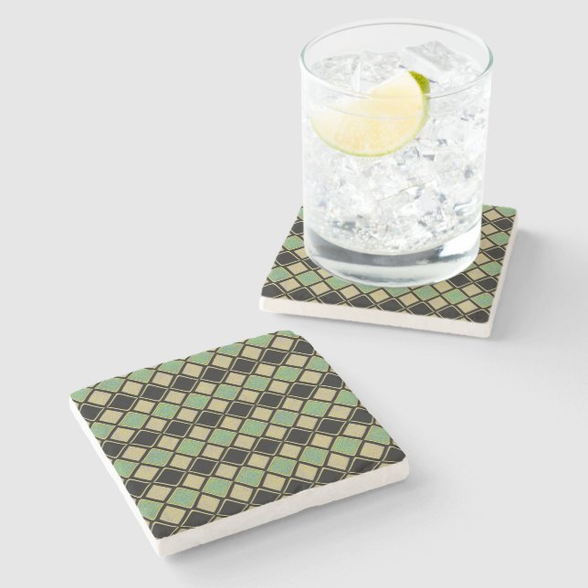 Harlequin Pattern in Gold, Green, and Black  Stone Coaster (Side)