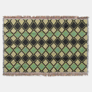 Harlequin Pattern in Gold, Green, and Black Throw Blanket
