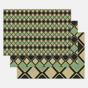 Harlequin Pattern in Gold, Green, and Black  Wrapping Paper Sheet