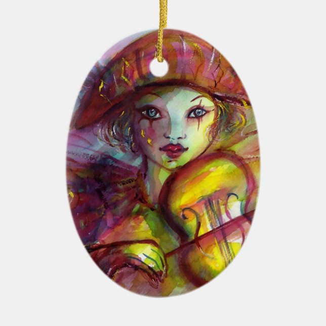 HARLEQUIN PLAYING VIOLIN Venetian Masquerade Ceramic Tree Decoration (Front)