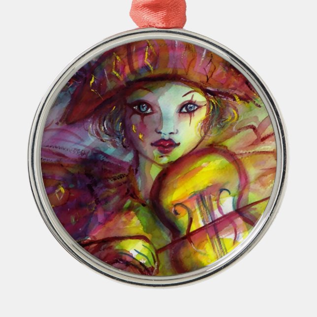 HARLEQUIN PLAYING VIOLIN Venetian Masquerade Metal Ornament (Front)