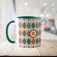 Harlequin Retro Red Gold Green Argyle Initial