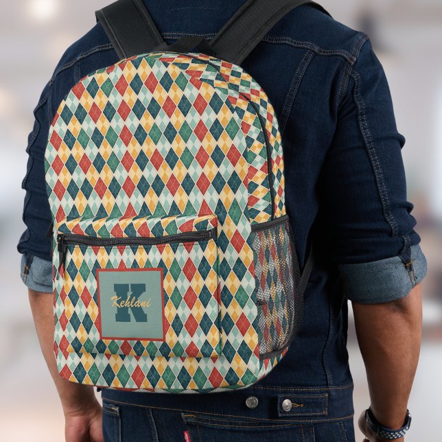 Harlequin Retro Red Gold Green Monogram Argyle Printed Backpack (Creator Uploaded)