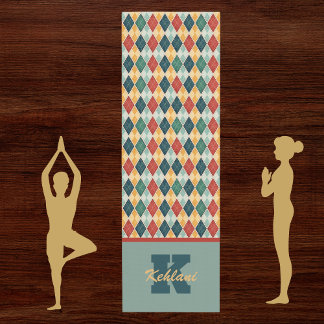 Harlequin Retro Red Gold Green Monogram Argyle Yoga Mat