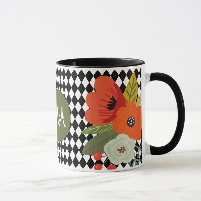 Harlequin tiles & Flowers, Customisable Monogram Mug (Right)