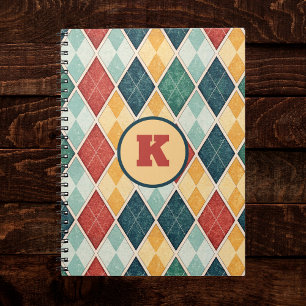 Harlequin Vintage Gold Red Green Monogram Argyle Notebook
