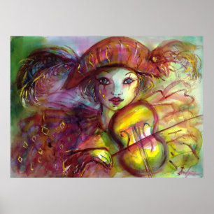 HARLEQUIN VIOLIN PLAYER  / Venetian Carnival Music Poster