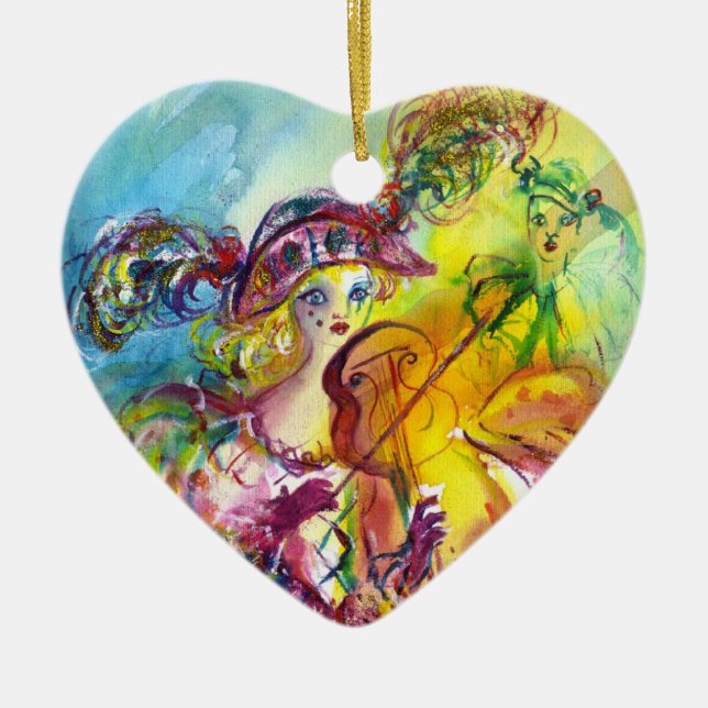 HARLEQUINA PLAYING VIOLIN WITH CAT CERAMIC TREE DECORATION (Front)