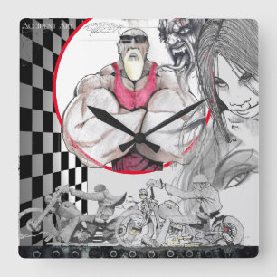 Harley Shop Clock, Black, White, Checkers Square Wall Clock