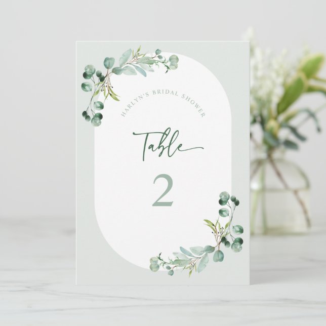 HARLYN Table Number Eucalyptus Bridal Shower Card (Standing Front)