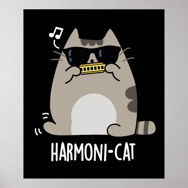 Harmoni-cat Funny Harmonica Cat Pun Dark BG Poster (Front)