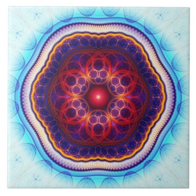 Harmonic fractal red blue mandala ceramic tile (Front)