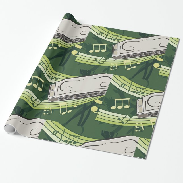 Harmonica Blues and Folk Music Wrapping Paper (Unrolled)