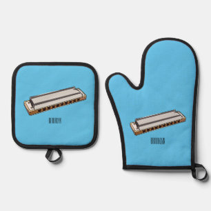 Harmonica cartoon illustration oven mitt & pot holder set