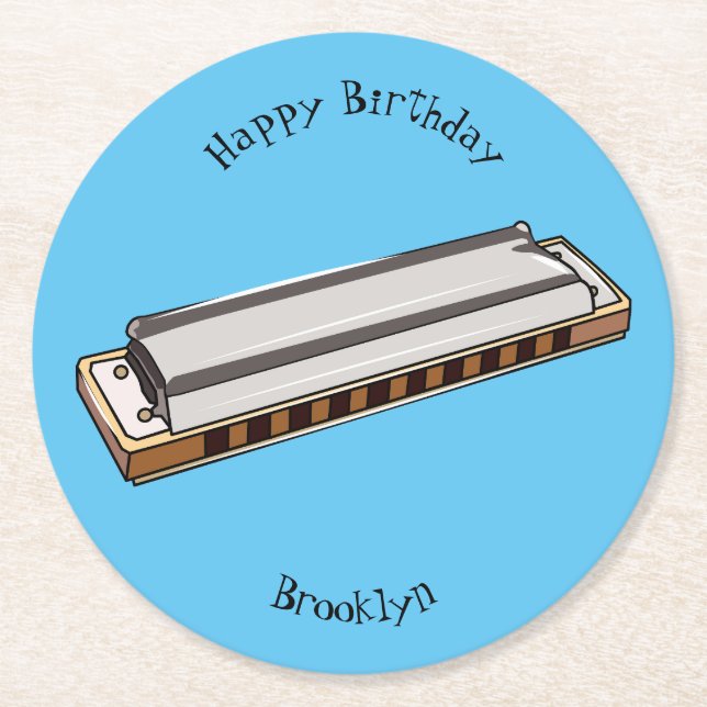 Harmonica cartoon illustration round paper coaster (Front)