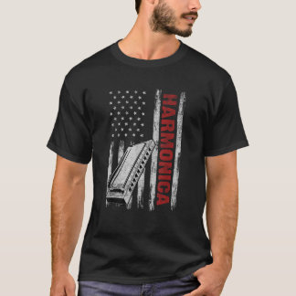 Harmonica Musical Instrument American Flag 4th Of  T-Shirt