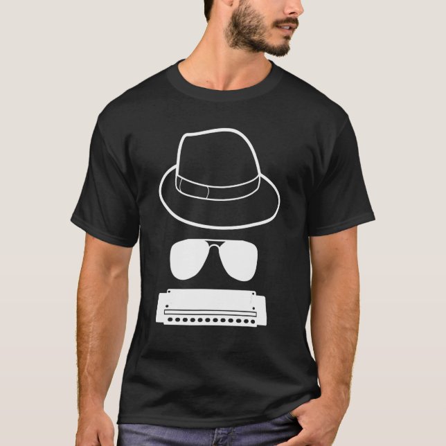 Harmonica Player Hat And Sunglasses T-Shirt (Front)