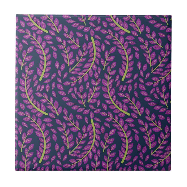 Harmonious Botanical Art on Dark Blue Background Ceramic Tile (Front)