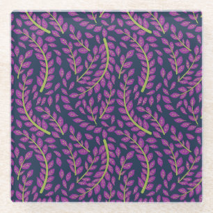 Harmonious Botanical Art on Dark Blue Background Glass Coaster