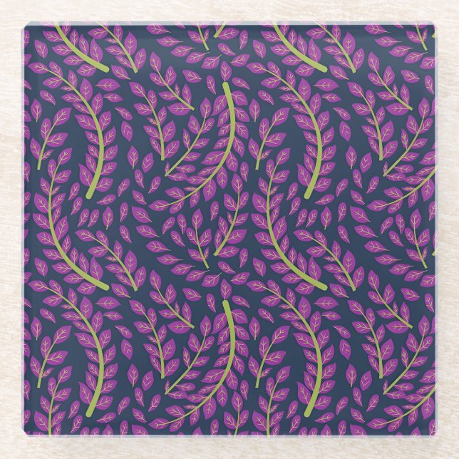 Harmonious Botanical Art on Dark Blue Background Glass Coaster (Front)