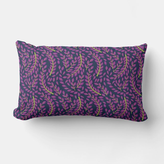 Harmonious Botanical Art on Dark Blue Background Lumbar Cushion (Front)