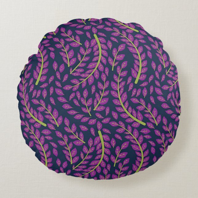 Harmonious Botanical Art on Dark Blue Background Round Cushion (Front)