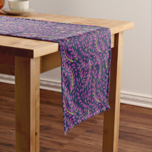 Harmonious Botanical Art on Dark Blue Background Short Table Runner