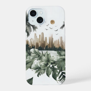 Harmonious city silhouette in brown with plants iPhone 15 case