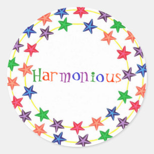 Harmonious stickers, in circles of colourful stars classic round sticker