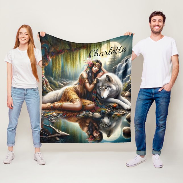Harmony between a Native Indian woman and a wolf Fleece Blanket (In Situ)