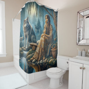 Harmony between Native Indians and wolves Shower Curtain