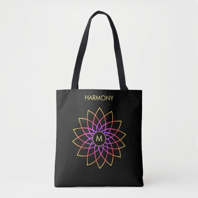 Harmony Multicolored Mandala on Black Tote Bag (Front)