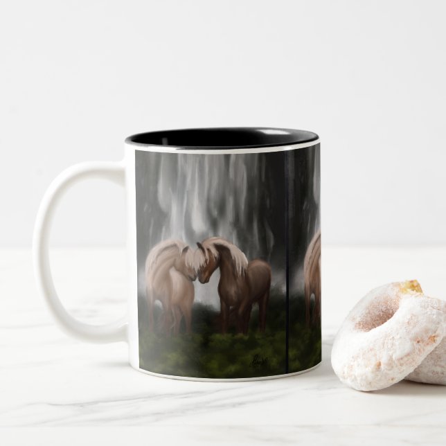 Harmony of Horses: Icelandic Serenity Two-Tone Coffee Mug (With Donut)