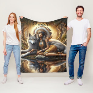 Harmony of the native spirit with a wolf at dusk fleece blanket