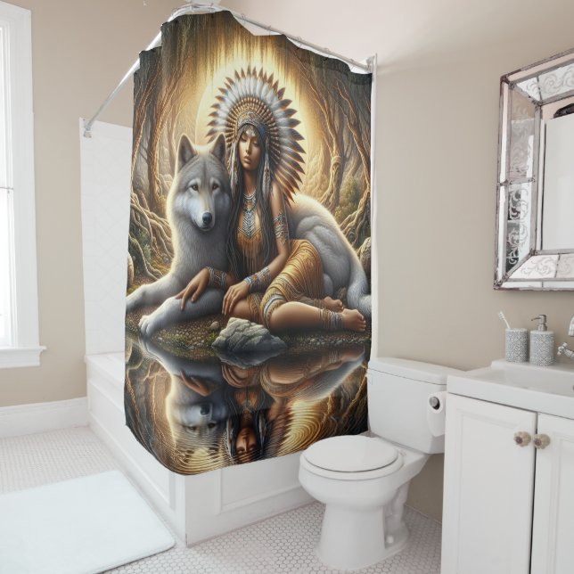 Harmony of the native spirit with a wolf at dusk shower curtain (In Situ)