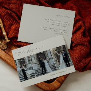 HARMONY Olive Green Minimalist 3 Photo Wedding Thank You Card