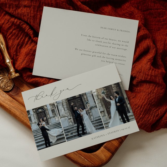 HARMONY Olive Green Minimalist 3 Photo Wedding Thank You Card (Creator Uploaded)