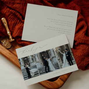 HARMONY Sage Green Minimalist 3 Photo Wedding Thank You Card