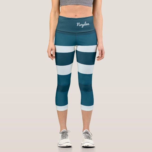 Harmony Stripes Horizontal Lines Sea Blue White Capri Leggings (Front)