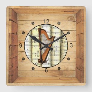 Harp ~ 3 Dimensional ~ Folk Art Box ~ Square Wall Clock