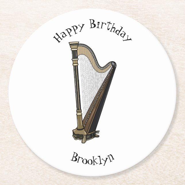 Harp cartoon illustration  round paper coaster (Front)