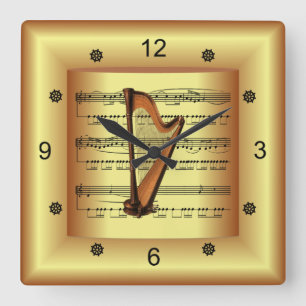 ~ Harp ~ Curved Sheet Music ~ Gold Background ~ Square Wall Clock