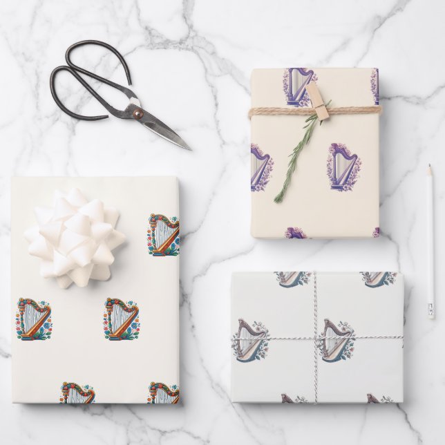 Harp Floral Wrapping Paper (Set of 3) (Front)