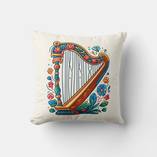 Harp Folk Art Throw Pillow (Front)