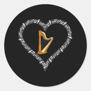 Harp Music Player Musical Notes Love Heart Classic Round Sticker