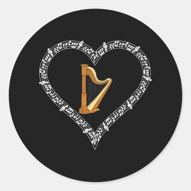 Harp Music Player Musical Notes Love Heart Classic Round Sticker (Front)