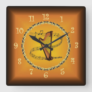 Harp On Musical Scroll & Russet Orange ~ Square Wall Clock