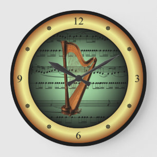 Harp on Sheet Music ~ Green on Gold Background ~   Large Clock