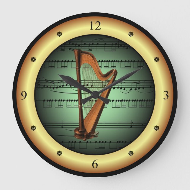 Harp on Sheet Music ~ Green on Gold Background ~   Large Clock (Front)